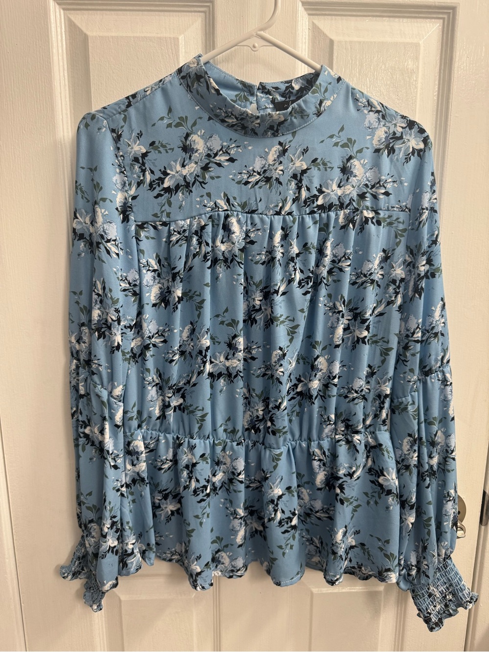 Blue Floral Mock-Neck Peasant Blouse